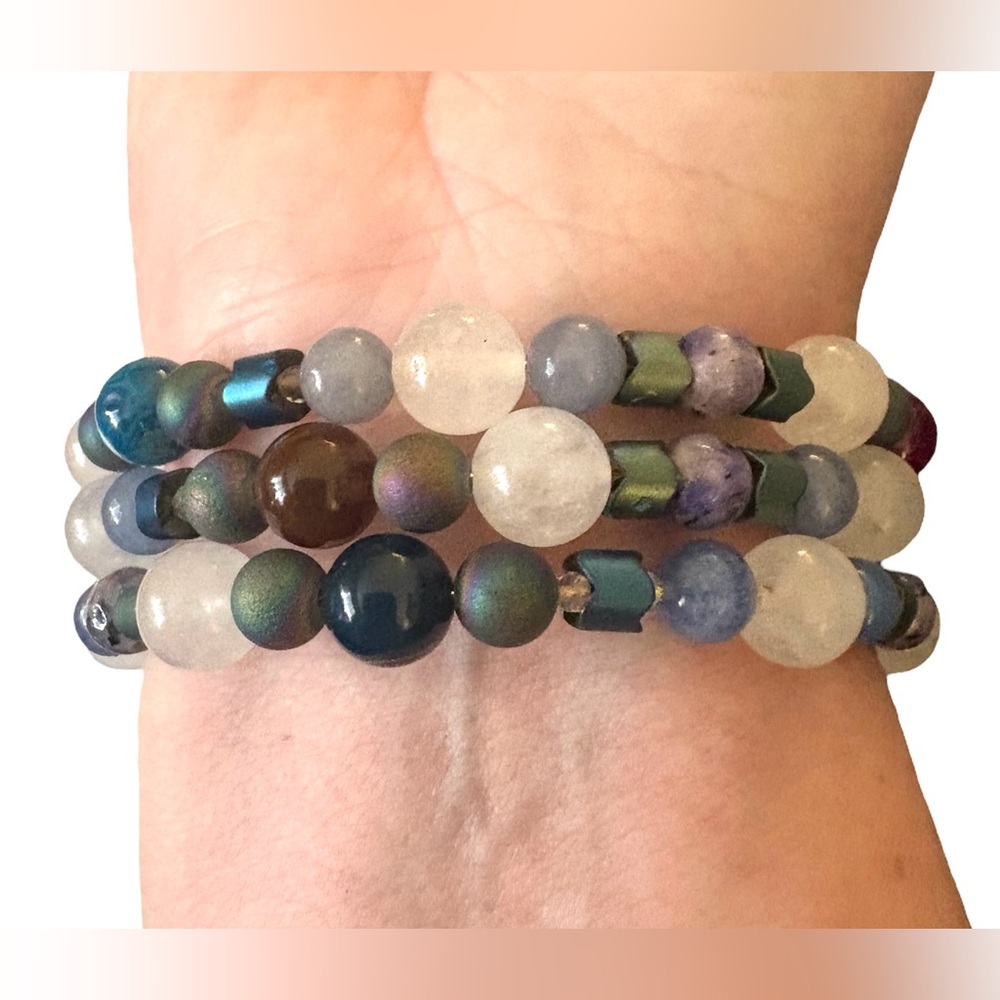 Electroplated Hematite, Sodalite, Fluorite and Galaxy Jasper Wrap Bracelet - Picture 4 of 7